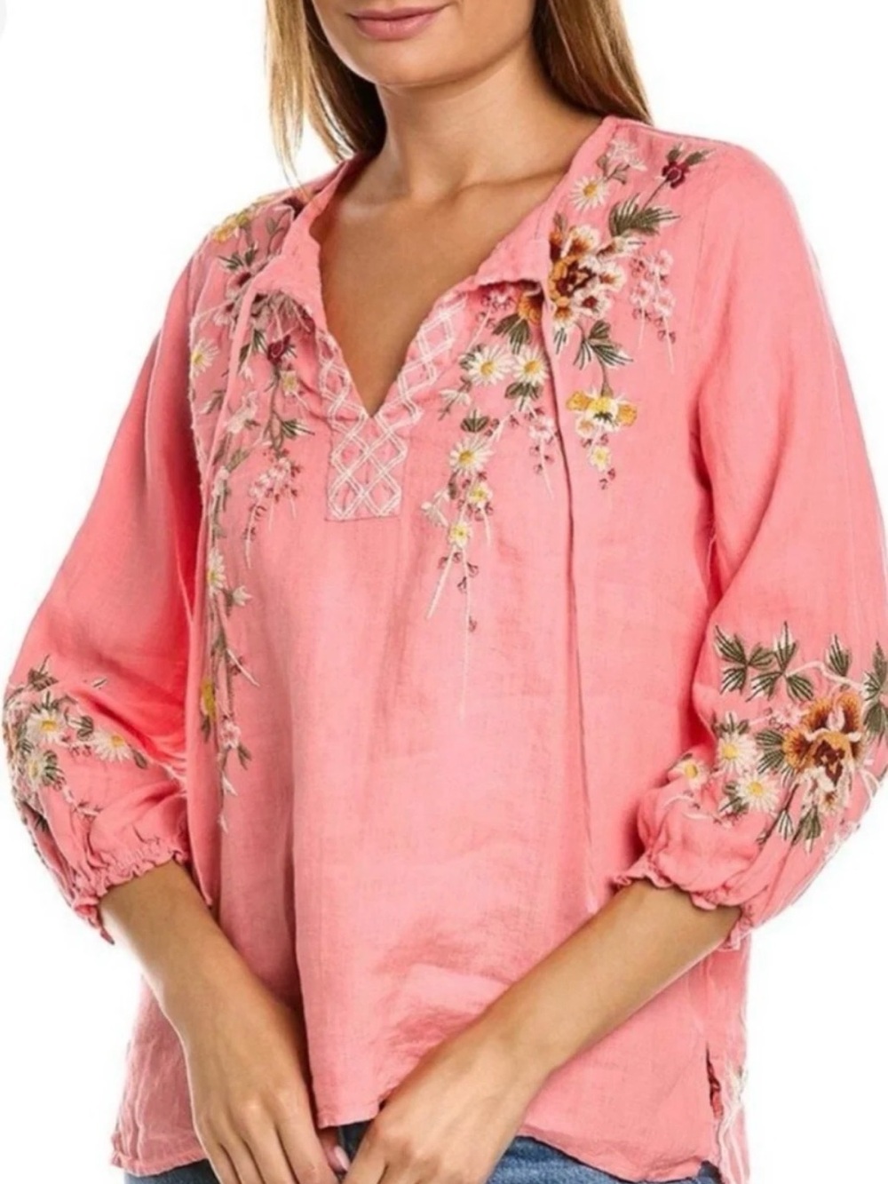 JOHNNY WAS Linen ACACIA Embroidered Peasant Blouse Top